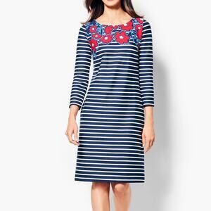 Talbots PETITE Navy White Stripe Red Floral Ponte Stretch Nautical Shift Dress